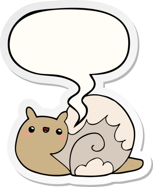 Bir insan tarafından çizilmiş konuşma kabarcığı çıkartmalı şirin çizgi film salyangozu.