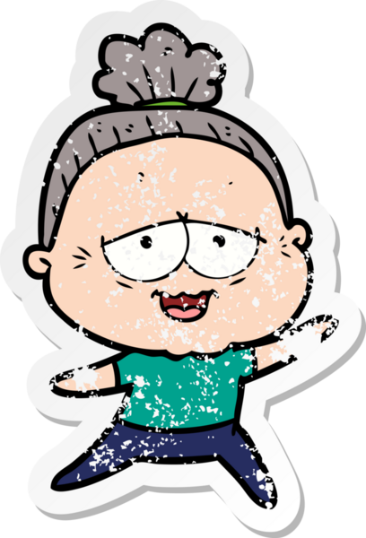 Bir insan tarafından çizilmiş mutlu, yaşlı bir kadının sıkıntılı çıkartması.