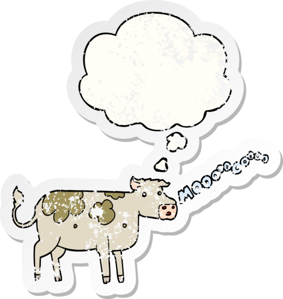 Düşünce baloncuğu olan çizgi film ineği insan tarafından çizilmiş yıpranmış bir çıkartma gibi.