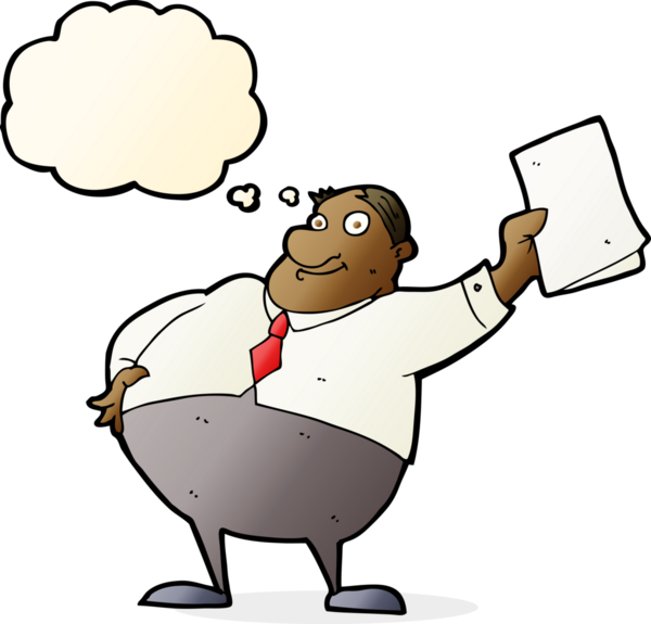 Çizgi film patronu, bir insan tarafından çizilmiş düşünce balonuyla kağıtları sallıyor.