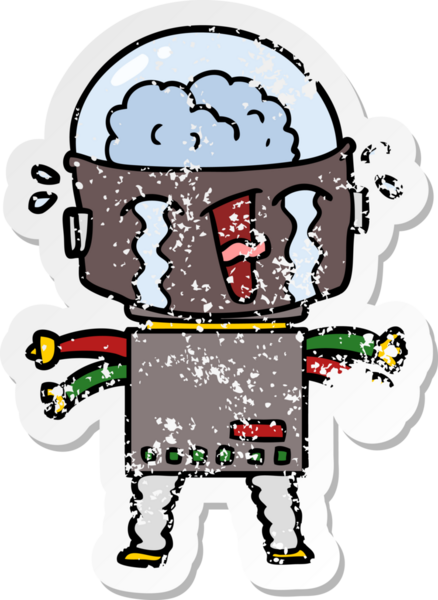 Bir insan tarafından çizilmiş, karikatür ağlayan robot çıkartması.