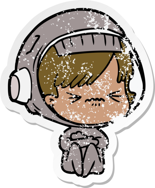 Bir insan tarafından çizilmiş karikatür astronot kadının sıkıntılı çıkartması.