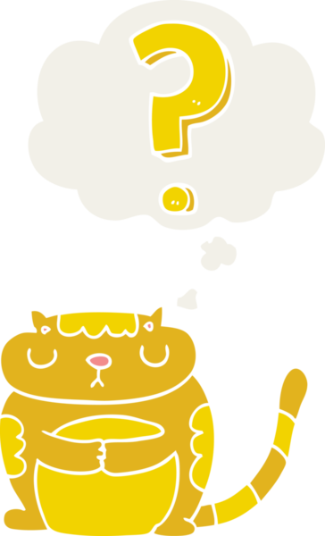 İnsan tarafından çizilmiş düşünce baloncuklu soru işareti olan çizgi film kedisi.