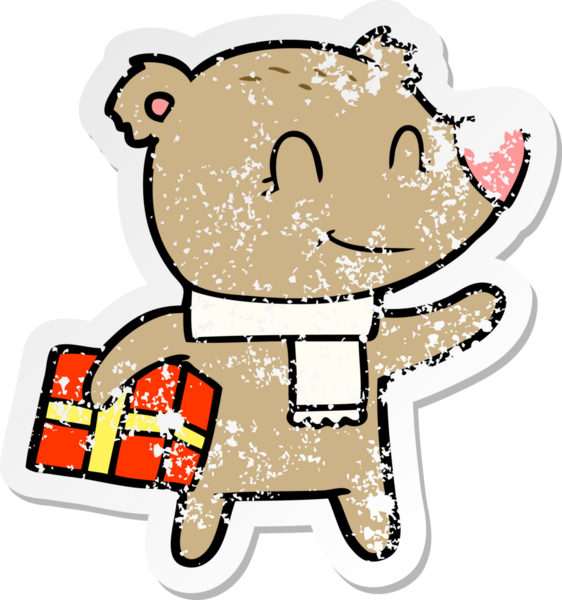 Dost canlısı bir ayının sıkıntılı çıkartması. Bir insan tarafından çizilmiş Noel hediyesi ve eşarbı.