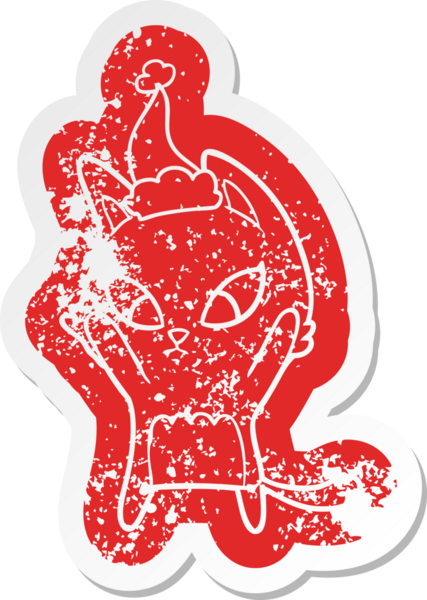 Kafası karışık çizgi film. Bir insan tarafından çizilmiş Noel Baba şapkası takan kedinin sıkıntılı çıkartması.