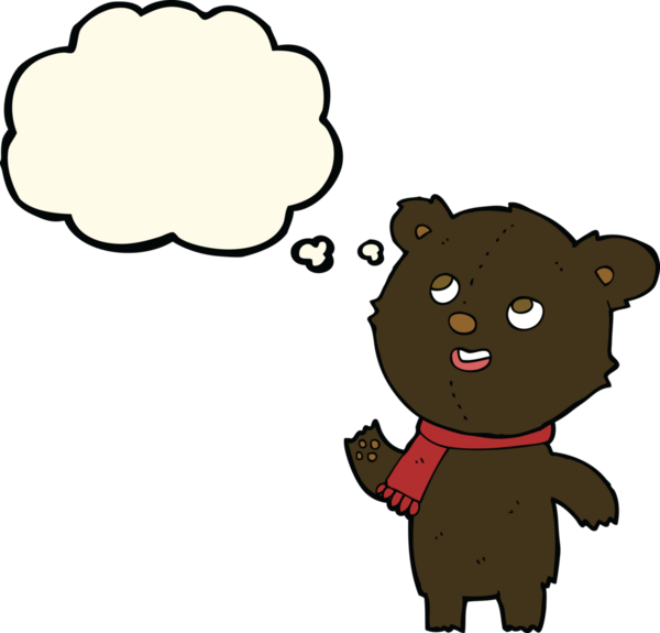 Bir insan tarafından çizilmiş düşünce baloncuklu eşarp giyen siyah ayı çizgi filmi.