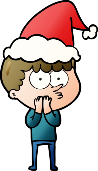 Bir insan tarafından çizilmiş Noel Baba şapkası giymiş meraklı bir çocuğun el çizimi karikatürü.