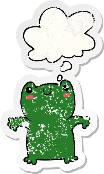 Düşünce baloncuğu olan karikatür kurbağası insan tarafından çizilmiş yıpranmış bir çıkartma.