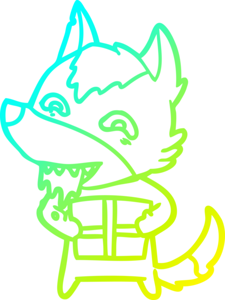 Bir insan tarafından çizilmiş Noel hediyesini elinde tutan aç bir kurdun soğuk çizgi çizimi.