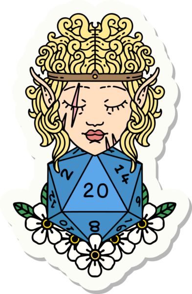 Bir insan tarafından çizilmiş 20 zarlı elf barbar karakterinin çıkartması.