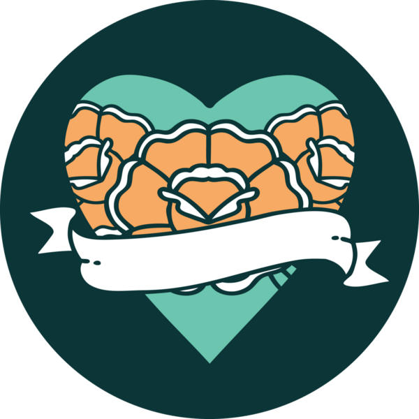 İkonik dövme stili bir kalp ve bir insan tarafından çizilmiş çiçekli pankart.