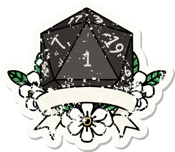 Bir insan tarafından çizilmiş doğal bir d20 zarının grunge çıkartması.