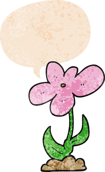 Bir insan tarafından çizilmiş grunge dertli retro biçimli konuşma baloncuklu karikatür çiçeği