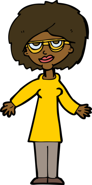 Bir insan tarafından çizilmiş gözlüklü bir karikatür kadın.