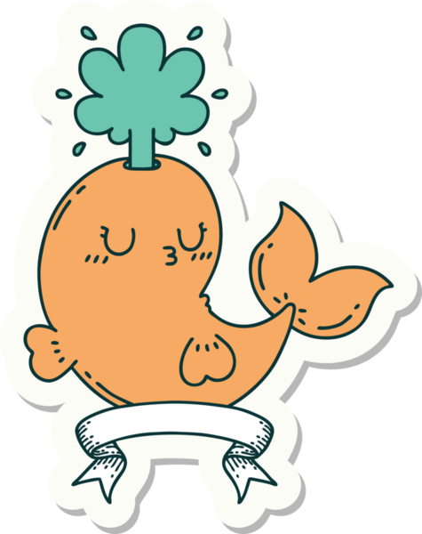 Dövme stili çıkartma. Bir insan tarafından çizilmiş mutlu, fışkırtan balina karakteri.