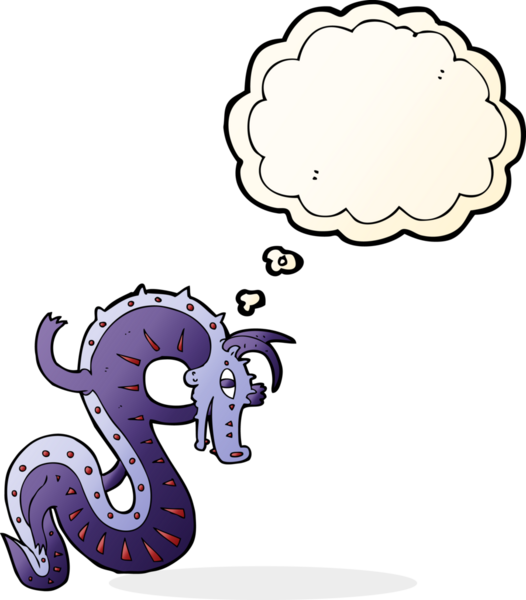 Bir insan tarafından çizilmiş düşünce balonlu Sakson ejderha çizgi filmi.
