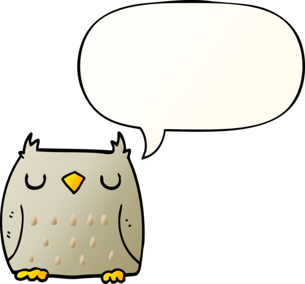 Bir insan tarafından çizilmiş yumuşak eğimli konuşma baloncuğu olan sevimli çizgi film baykuşu