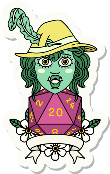 Bir insan tarafından çizilmiş 20 zarlı yarım ork şairin çıkartması.