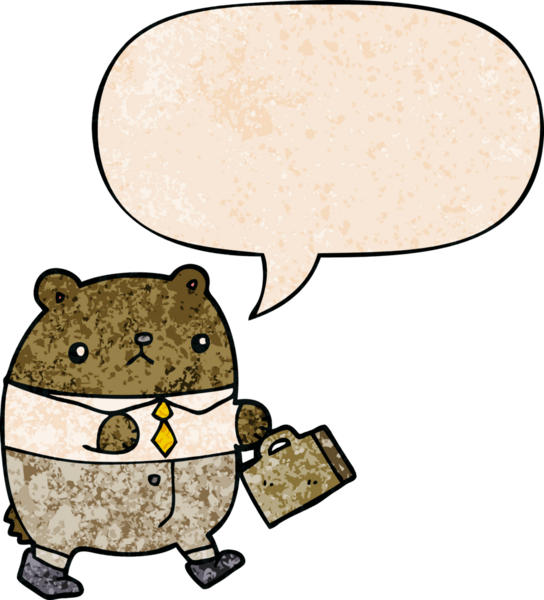 İş kıyafetleri içindeki çizgi film ayısı. Konuşma baloncuğu eski moda bir insan tarafından çizilmiş.