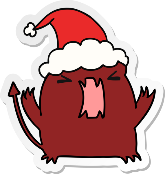 Bir insan tarafından çizilmiş Kawaii şeytanının el çizimi Noel çıkartması.