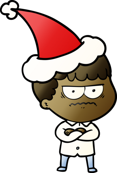 Bir insan tarafından çizilmiş Noel Baba şapkası giymiş sinirli bir adamın el çizimi karikatürü.