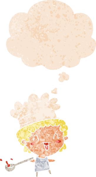 Düşünce baloncuğu olan karikatür şefi bir insan tarafından çizilmiş dertli retro tarzı