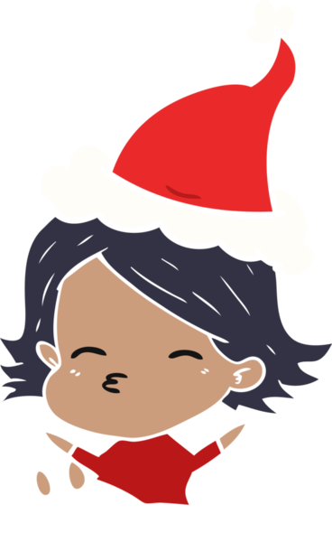 Bir insan tarafından çizilmiş Noel Baba şapkası giyen bir kadının el çizimi düz renk çizimi.