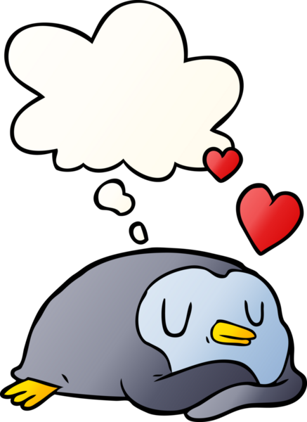 Çizgi film pengueni, insan tarafından çizilmiş yumuşak eğimli düşünce baloncuğuna aşık.