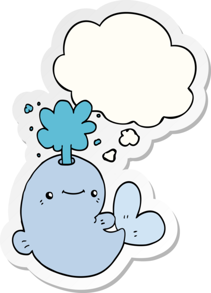 Bir insan tarafından çizilmiş bir çıkartma gibi düşünce baloncuğuyla su püskürten çizgi film balinası.