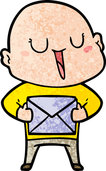 Bir insan tarafından çizilmiş mutlu, kel bir adam.