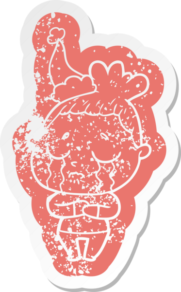 Bir insan tarafından çizilmiş Noel Baba şapkası giymiş ağlayan bir kadının garip bir karikatürü.