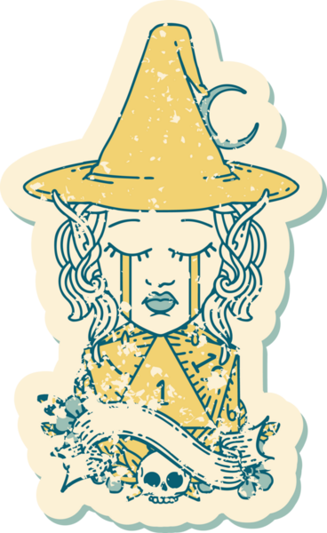 Retro Dövme Tarzı Ağlayan Elf Büyücüsü karakteri yüzü ve bir insan tarafından çizilmiş D20 rulosu