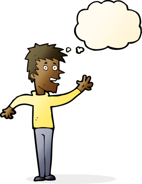 Bir insan tarafından çizilmiş düşünce baloncuğuyla el sallayan mutlu çocuk.