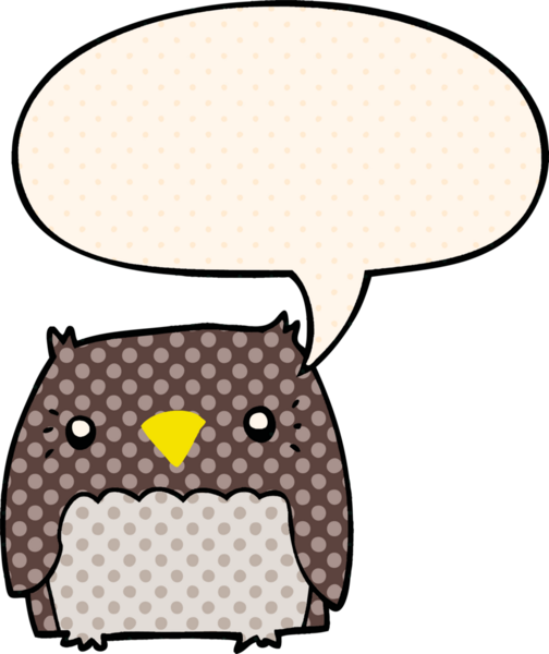 Bir insan tarafından çizilmiş çizgi roman tarzında konuşma balonu olan sevimli bir baykuş.