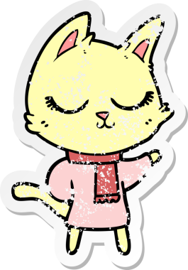 Bir insan tarafından çizilmiş eşarp giyen sakin bir karikatür kedisinin sıkıntılı çıkartması.