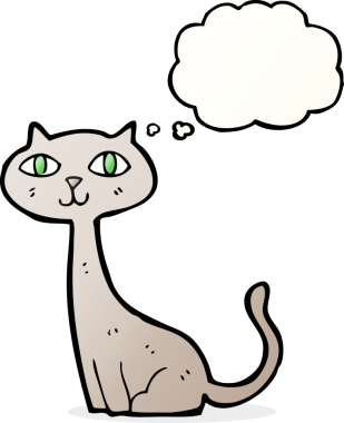 Bir insan tarafından çizilmiş düşünce kabarcığı olan çizgi film kedisi.