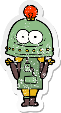 Bir insan tarafından çizilmiş ampullü mutlu bir robot çıkartması.