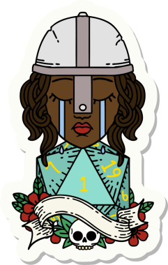 Ağlayan bir insan dövüşçüsünün çıkartması. Bir insan tarafından çizilmiş doğal bir D20 zarlı.