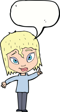 Bir insan tarafından çizilmiş konuşma baloncuğu fikri olan bir karikatür kadın.