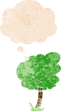 Düşünce baloncuğu ve grunge desenli karikatür ağacı bir insan tarafından çizilmiş.