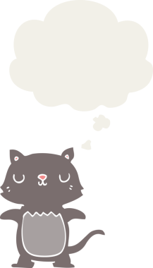 Düşünce baloncuğu olan çizgi film kedisi insan tarafından çizilmiş.