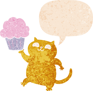 Bir insan tarafından çizilmiş grunge sıkıntılı retro dokuma tarzı içinde konuşma kabarcığı olan kapkek ile çizgi film kedisi