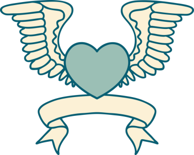 Bir insan tarafından çizilmiş kanatlı bir kalbin bayrağıyla geleneksel dövme.