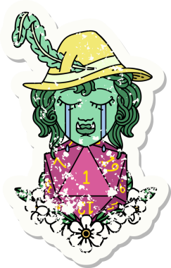 Hüzünlü bir yarım ork ozan karakterinin grunge çıkartması. Bir insan tarafından çizilmiş doğal bir d20 rulo.