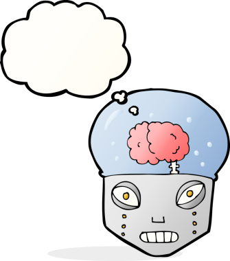 Bir insan tarafından çizilmiş düşünce baloncuğu olan ürkütücü robot kafası.