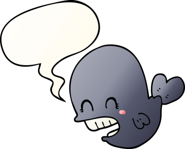 Bir insan tarafından çizilmiş, konuşma baloncuklu çizgi film balinası.