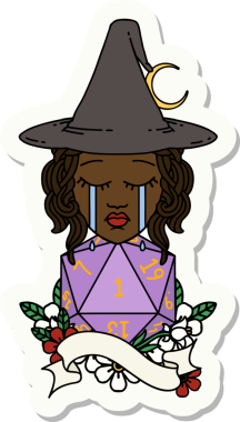 Bir insan cadısının çıkartması. Bir insan tarafından çizilmiş doğal bir D20 rulo.