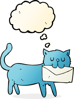 Bir insan tarafından çizilmiş düşünce baloncuklu mektup taşıyan çizgi film kedisi.