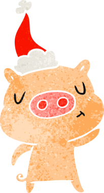 Bir insan tarafından çizilmiş Noel Baba şapkası takan bir domuzun el çizimi karikatürü.