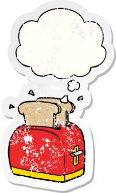 Düşünce baloncuğu olan çizgi film tost makinesi insan tarafından çizilmiş yıpranmış bir çıkartma.